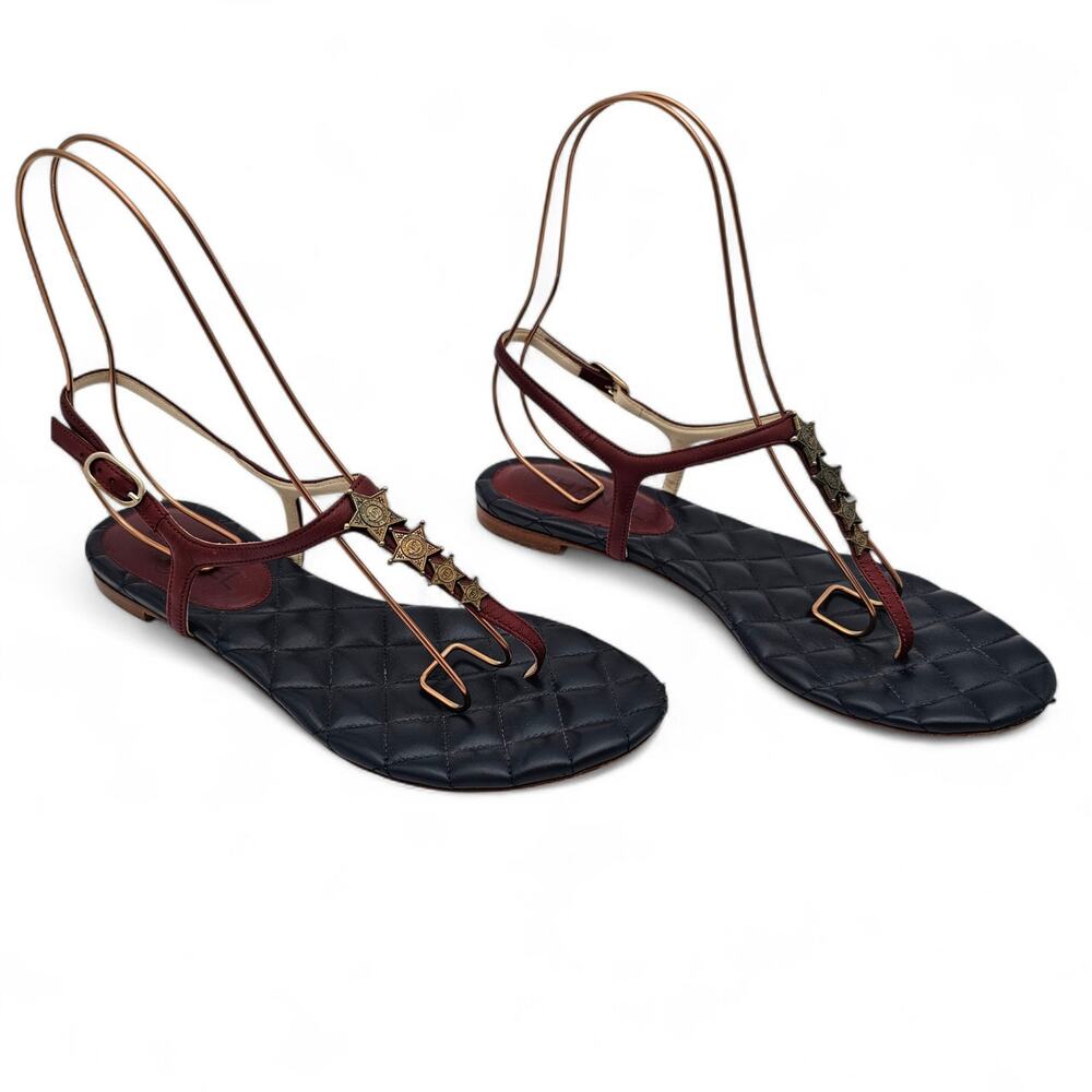 Chanel CC Star T Strap Thong Flat Sandal Navy Red Quilt Leather 40 C US 9 9.5
